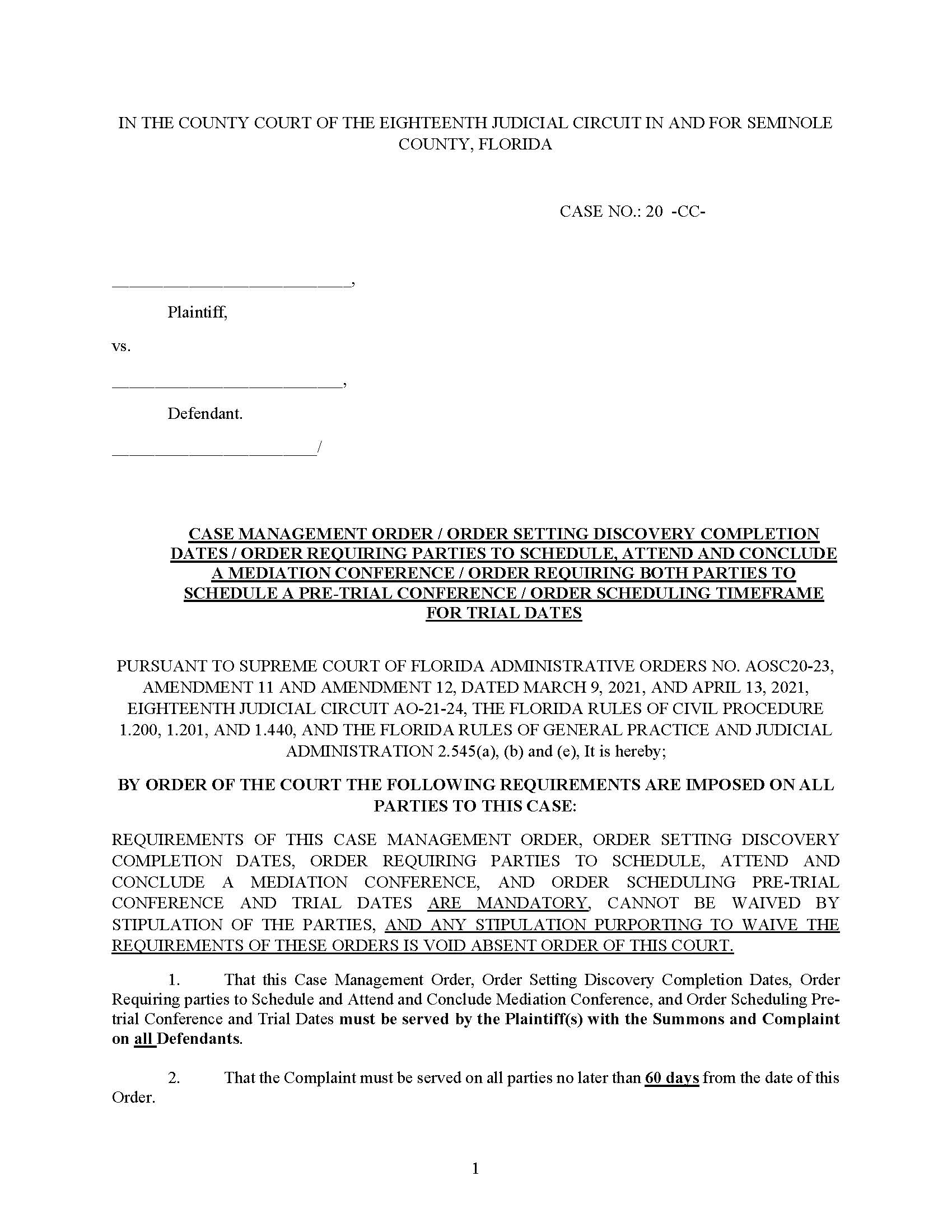 Case Management Order (County Court Cases Filed 4-30-21 To 5-5-21) | Pdf Fpdf Docx | Florida