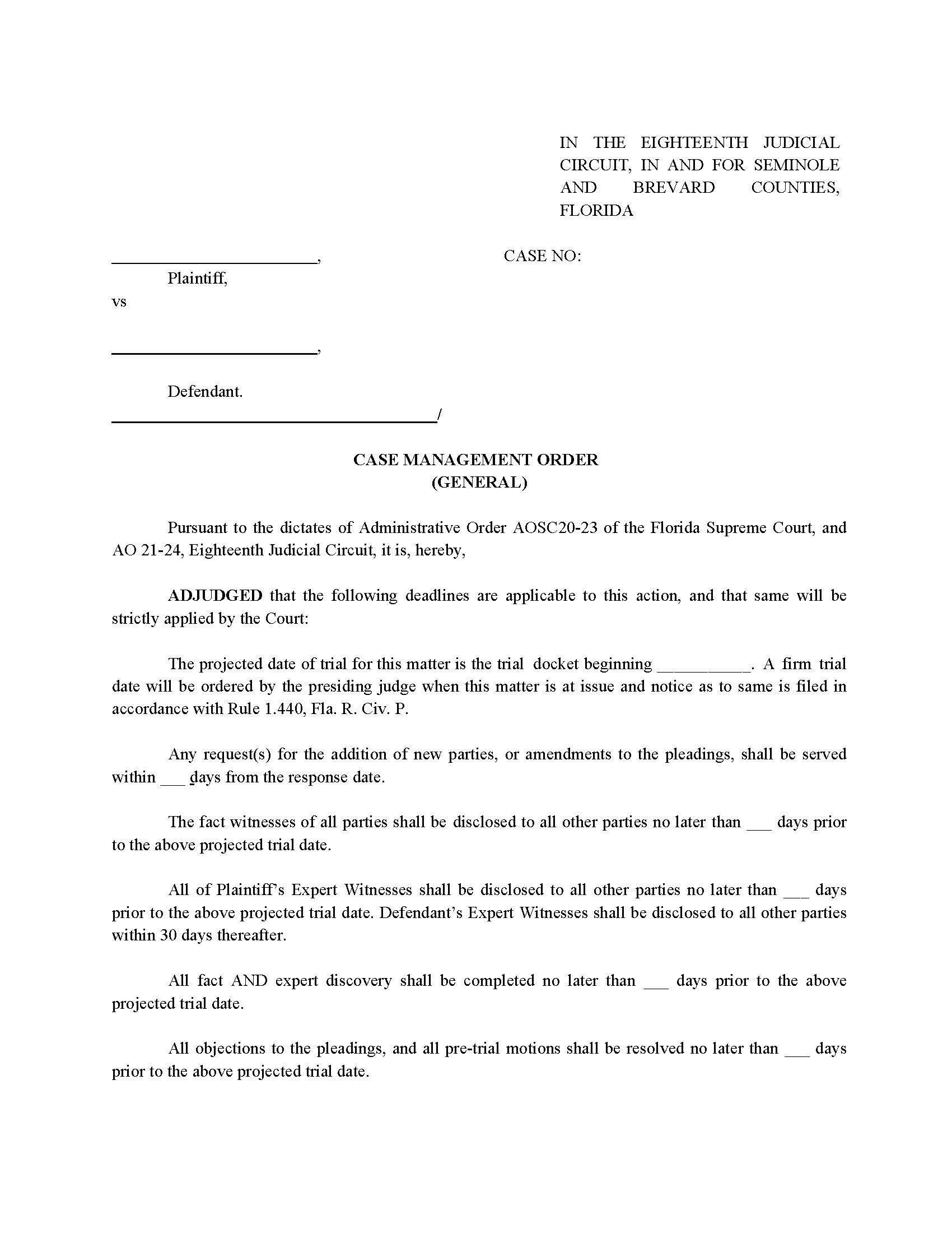 Case Managment Plan And Order (General) | Pdf Fpdf Docx | Florida