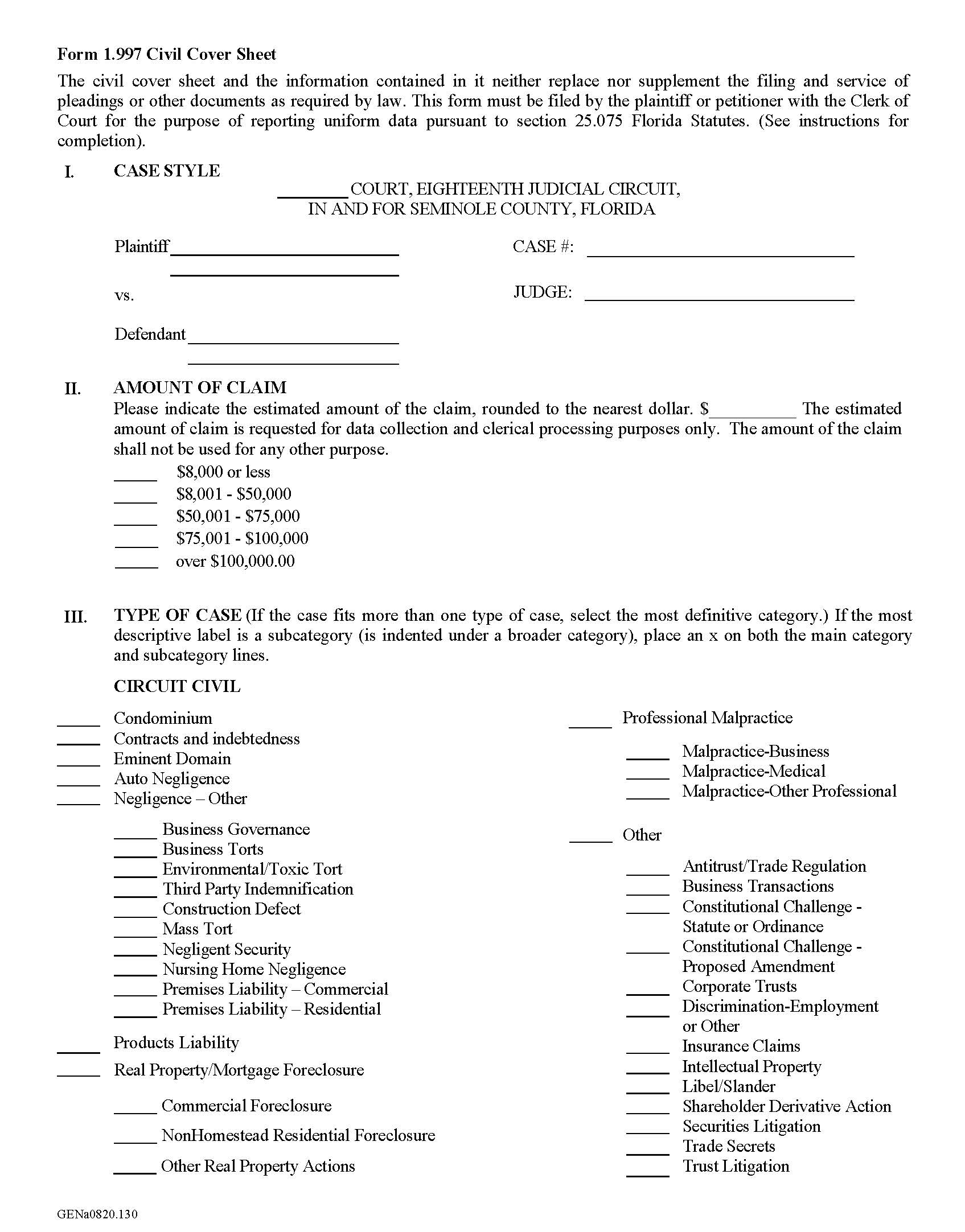 Civil Cover Sheet | Pdf Fpdf Docx | Florida