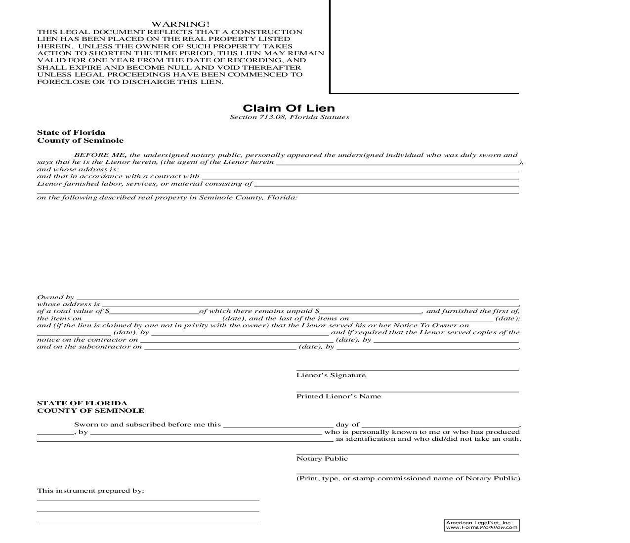 Claim Of Lien | Pdf Fpdf Doc Docx | Florida