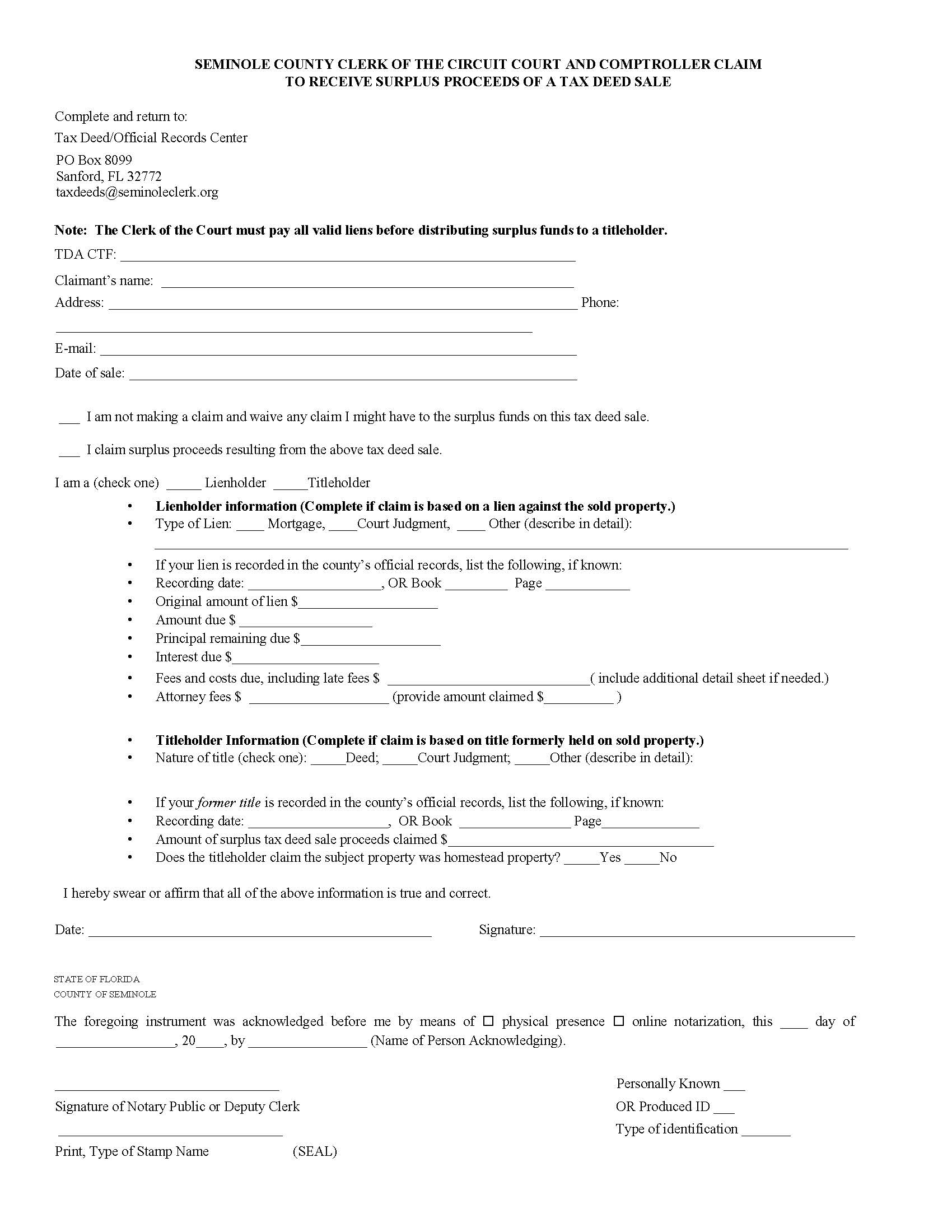 Claim To Receive Surplus Proceeds Of Tax Deed Sale | Pdf Fpdf Docx | Florida