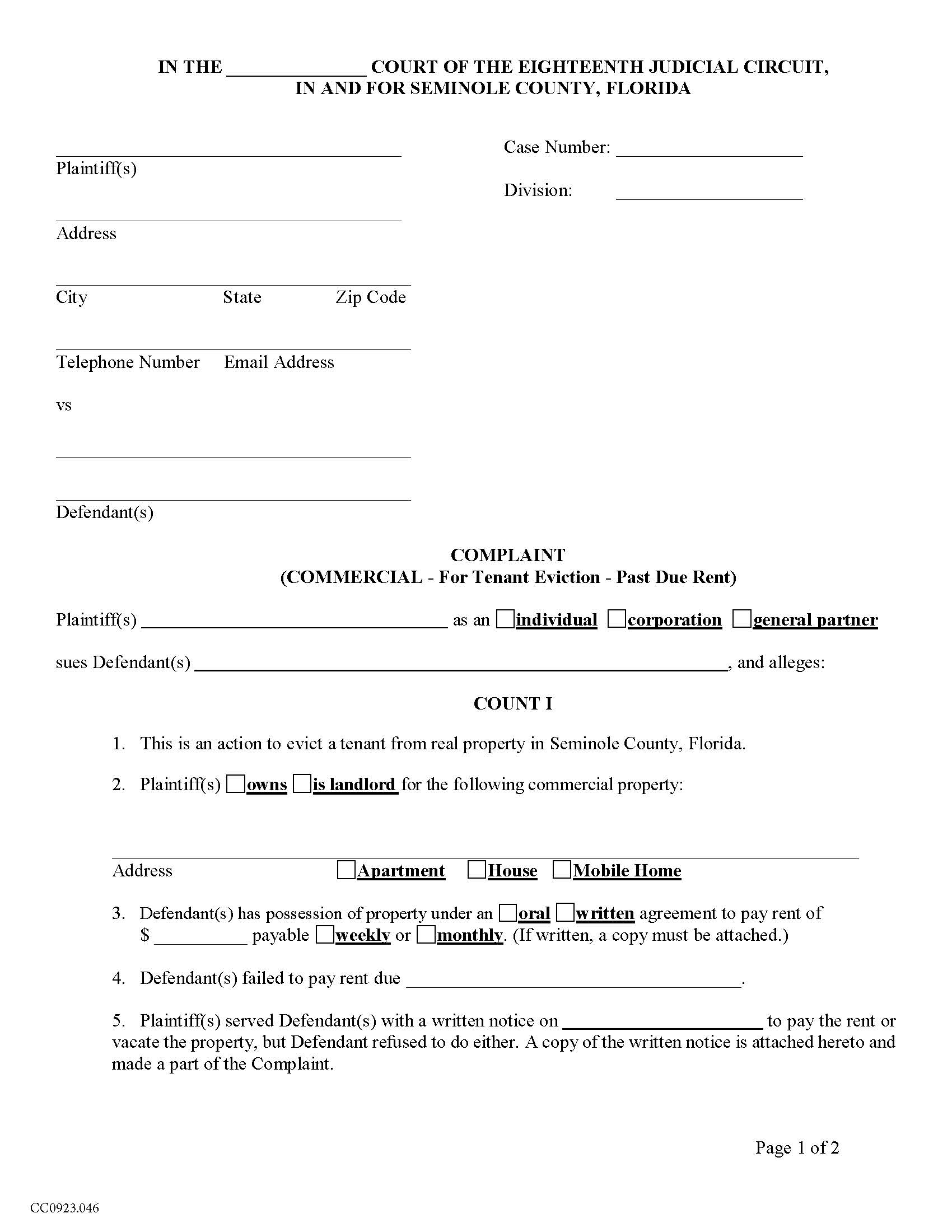 Complaint Commercial For Tenant Eviction {COCV1102} | Pdf Fpdf Docx | Florida
