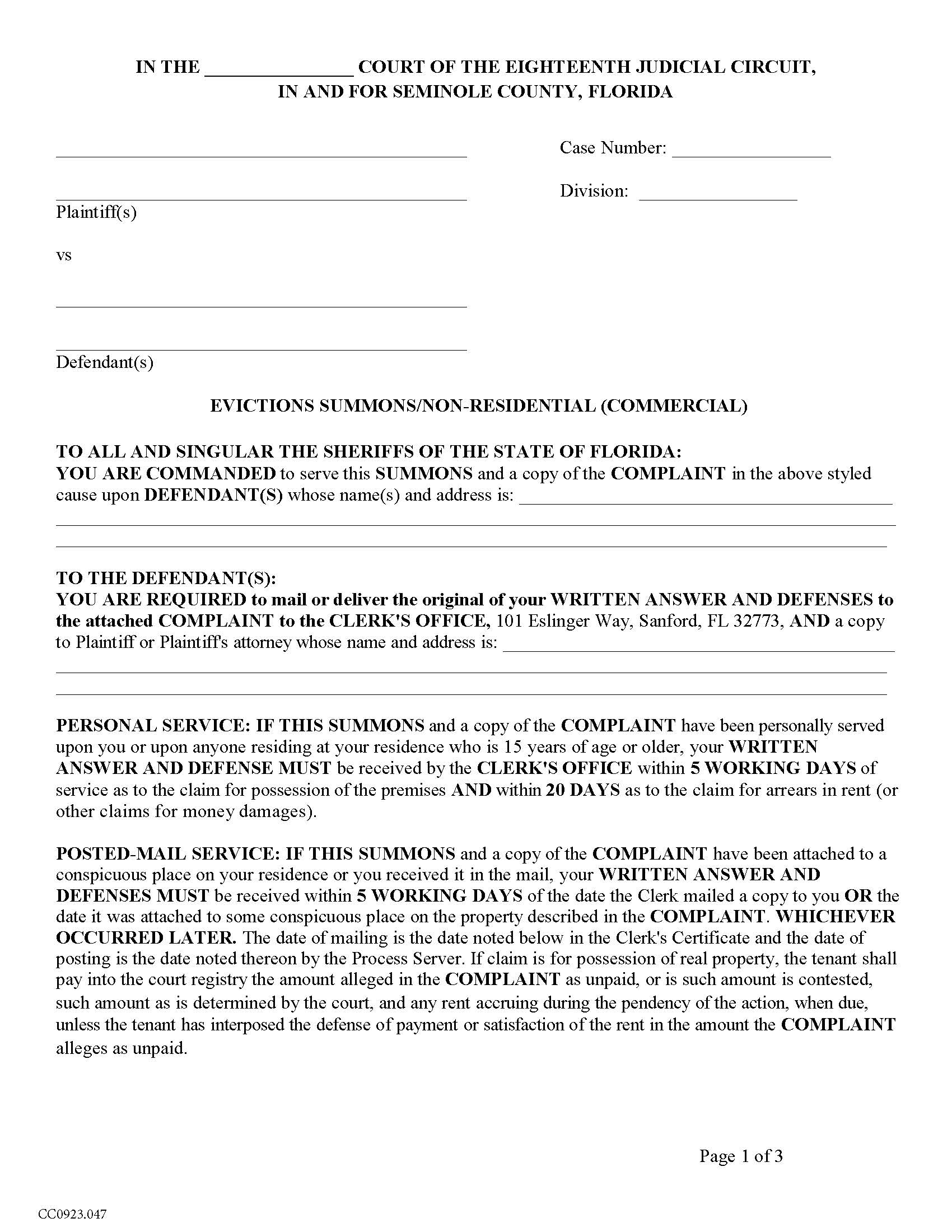 Eviction Summons Non Residential Commercial {COCV1360} | Pdf Fpdf Docx | Florida