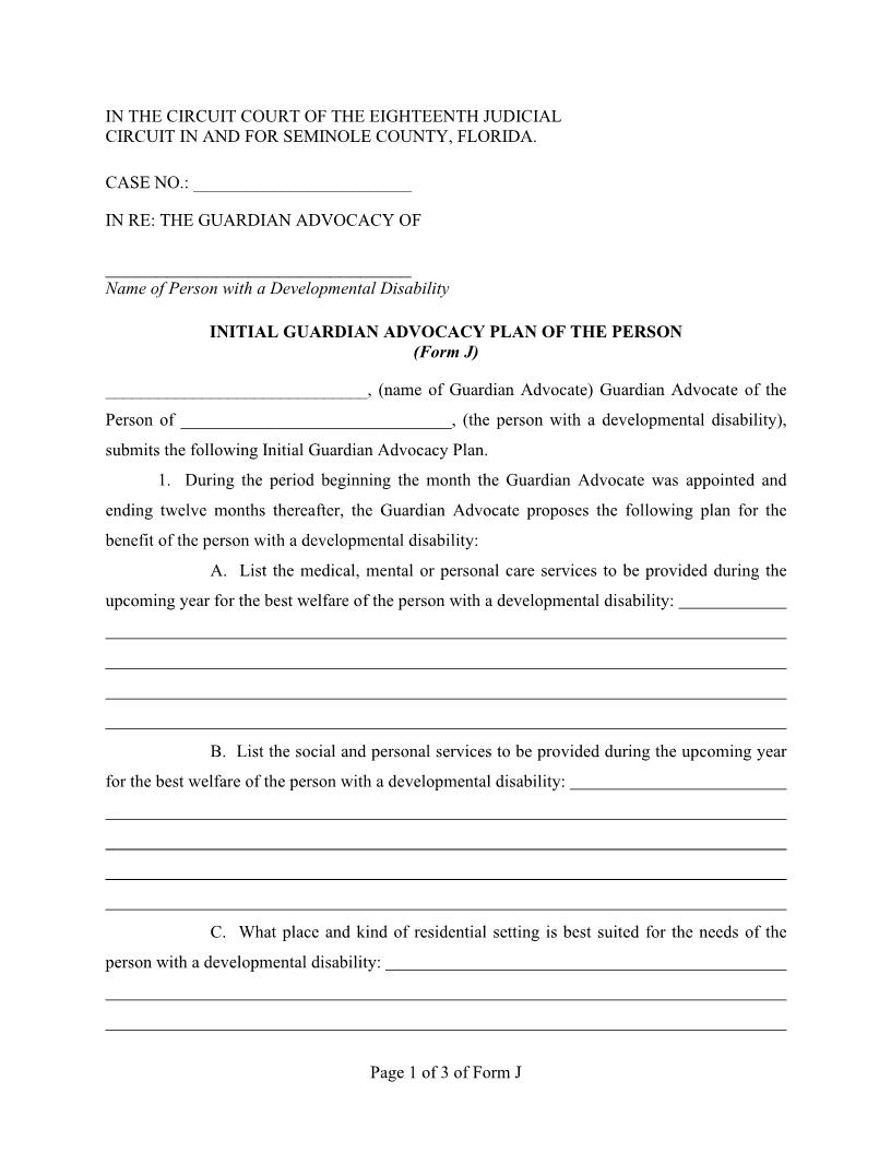 Initial Guardian Advocacy Plan Of The Person {Form J} | Pdf Fpdf Docx | Florida
