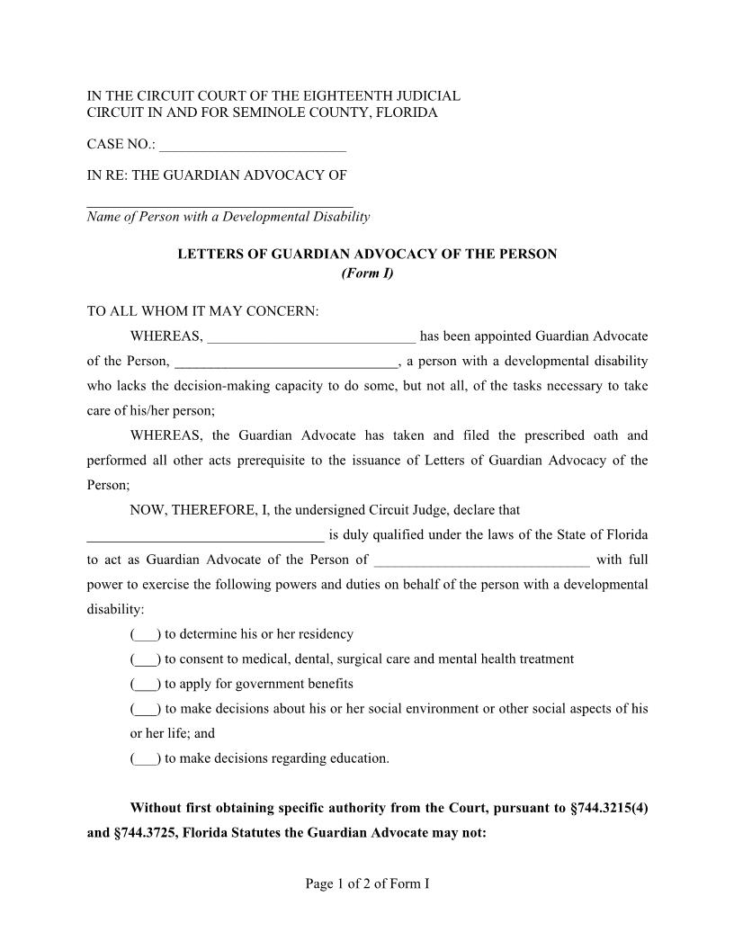Letters Of Guardian Advocacy Of The Person {Form I} | Pdf Fpdf Docx | Florida