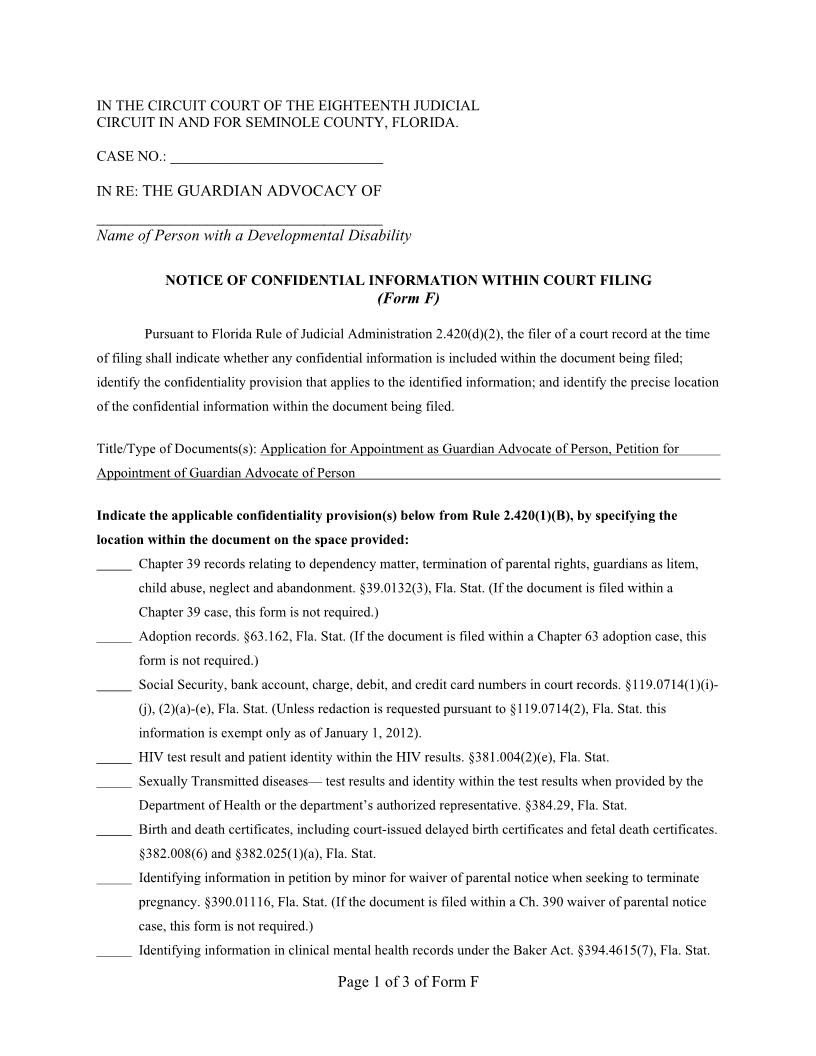 Notice Of Confidential Information Within Court Filing {Form F} | Pdf Fpdf Docx | Florida