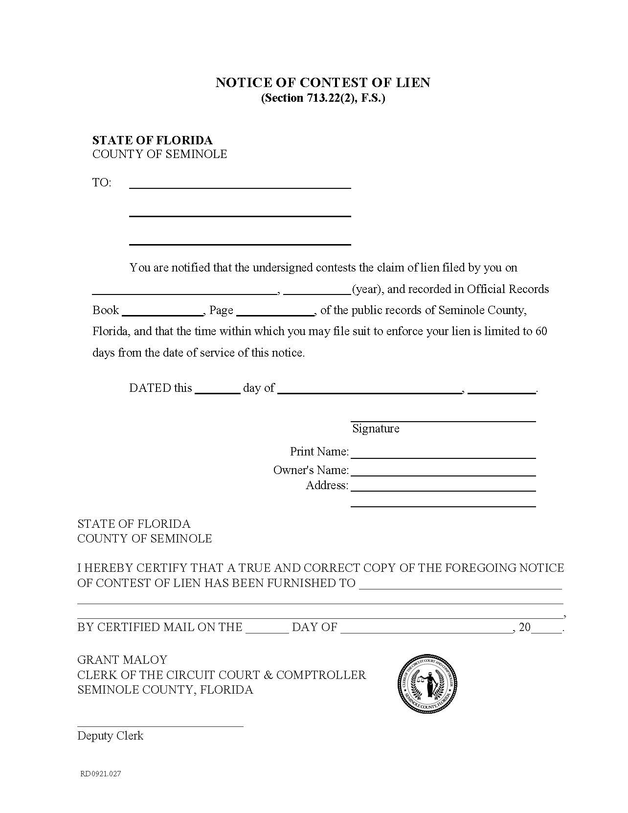 Notice Of Contest Of Lien | Pdf Fpdf Doc Docx | Florida