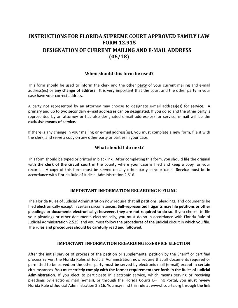 Notice Of Designation Of E-Mail And Cellular Phone For E Service {12.915 - FORM N} | Pdf Fpdf Docx | Florida