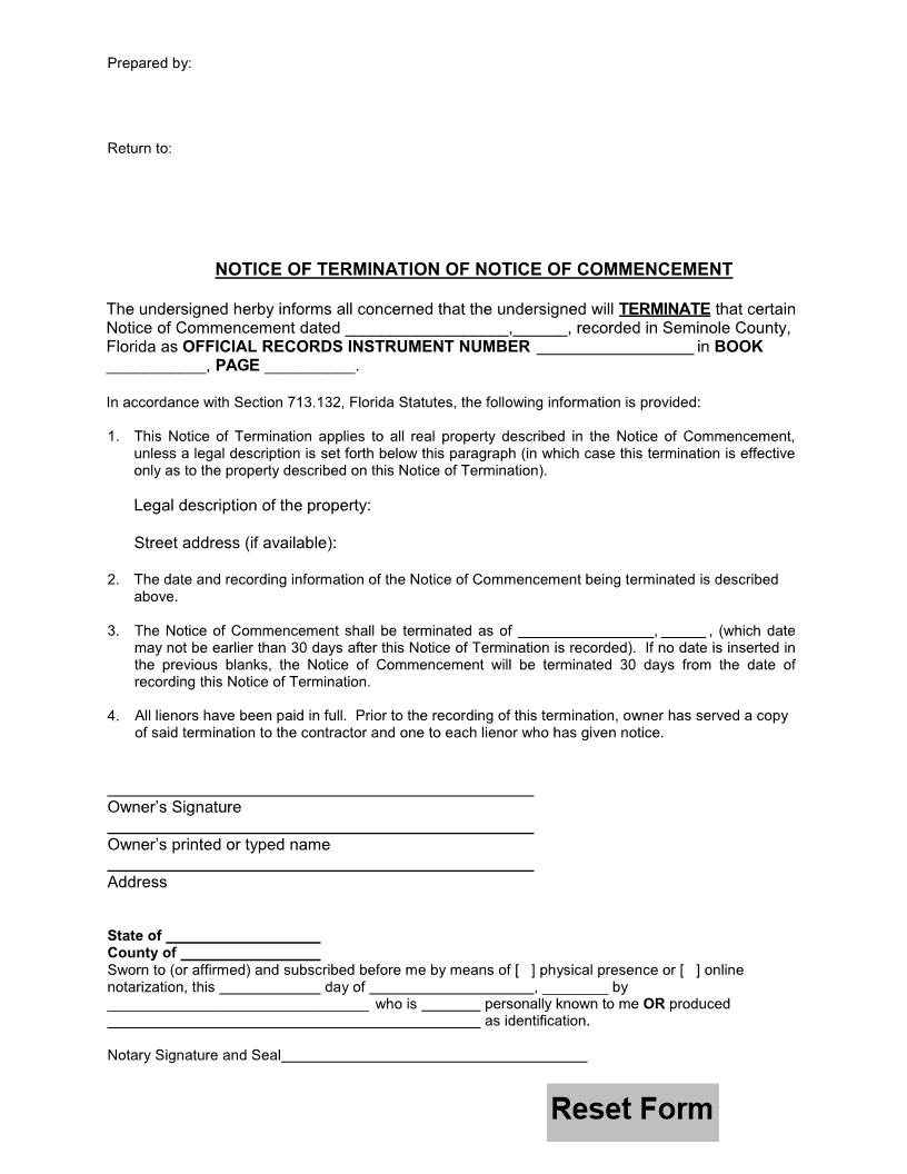 Notice Of Termination Of Notice Of Commencement | Pdf Fpdf Docx | Florida