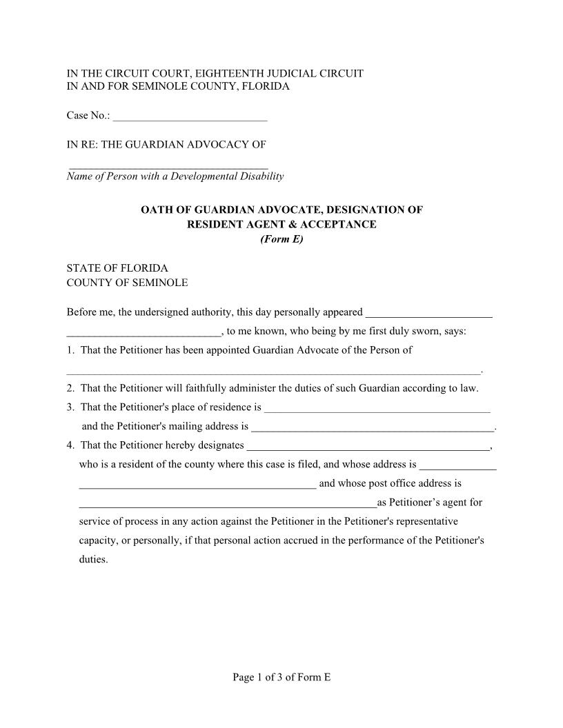 Oath Of Guardian Advocate Designation Of Resident Agent Acceptance {Form E} | Pdf Fpdf Docx | Florida
