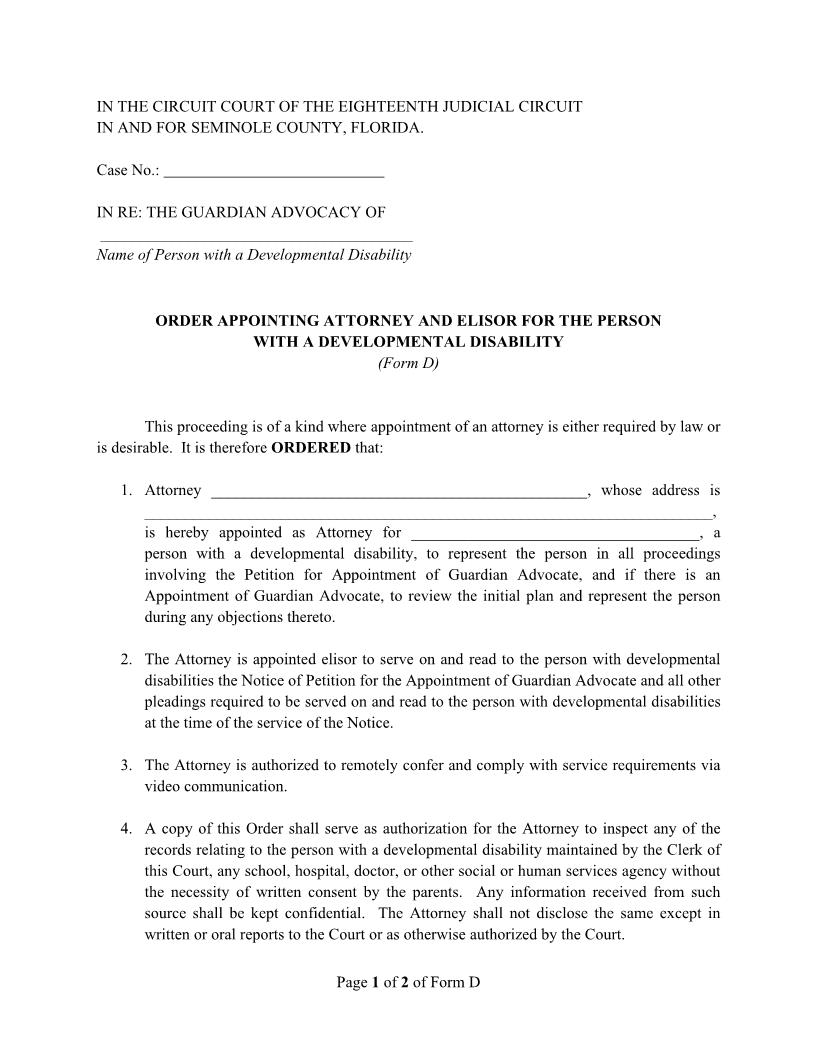 Order Appointing Attorney And Elisor For Person With Developmental Disability {Form D} | Pdf Fpdf Docx | Florida