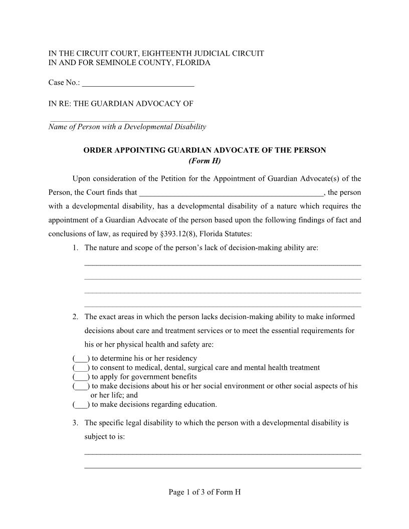 Order Appointing Guardian Advocate Of The Person {Form H} | Pdf Fpdf Docx | Florida
