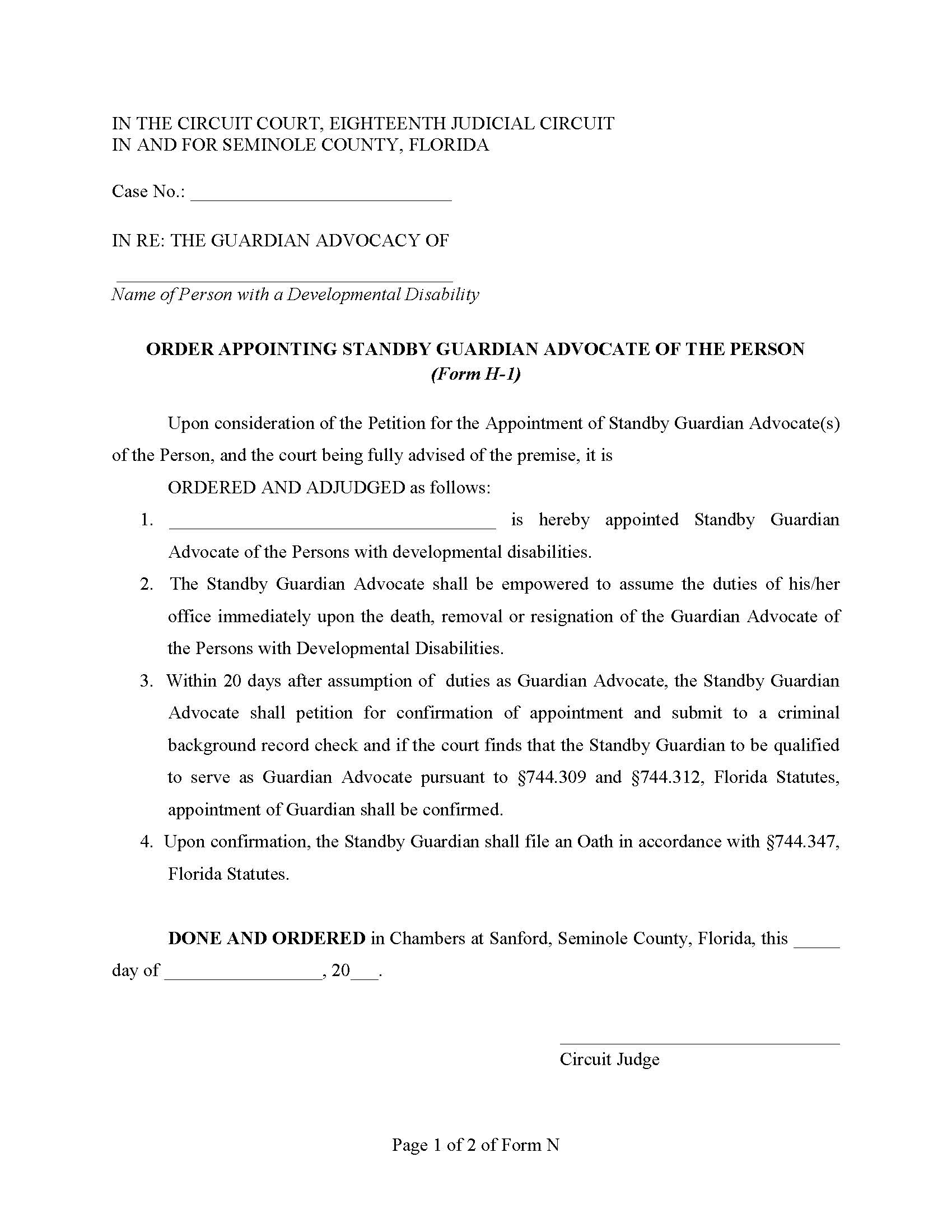 Order Appointing Standby Guardian Advocate Of The Person {Form H-1} | Pdf Fpdf Docx | Florida
