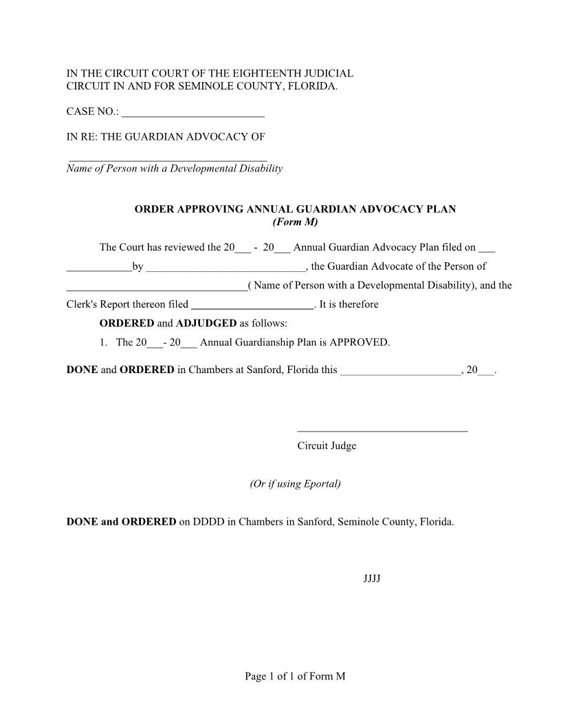 Order Approving Annual Guardian Advocacy Plan {Form M} | Pdf Fpdf Docx | Florida