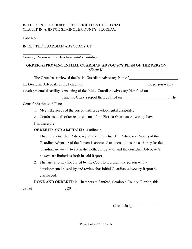 Order Approving Initial Guardian Advocacy Plan Of The Person {Form K} | Pdf Fpdf Docx | Florida
