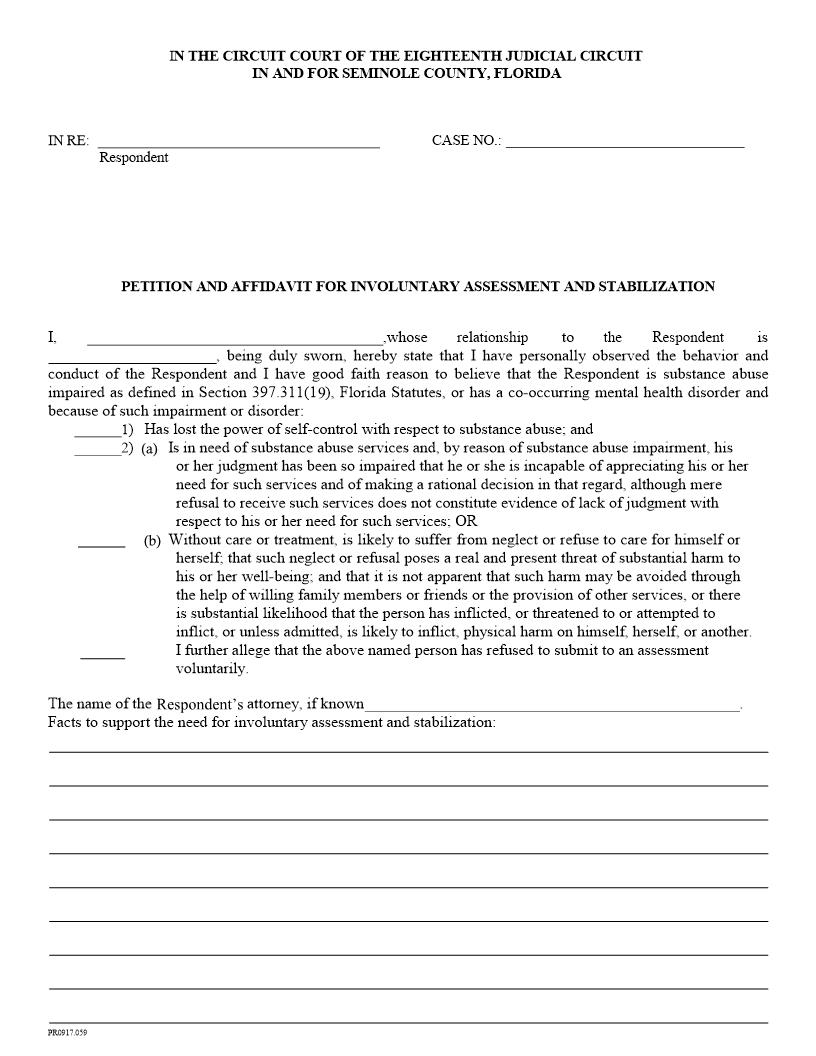 Petition And Affidavit For Involuntary Assessment And Stabilization {PR0917.059} | Pdf Fpdf Docx | Florida