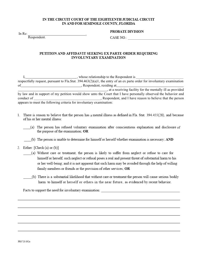 Petition And Affidavit Seeking Ex Parte Order Requiring Involuntary Examination {PR0720.092} | Pdf Fpdf Docx | Florida