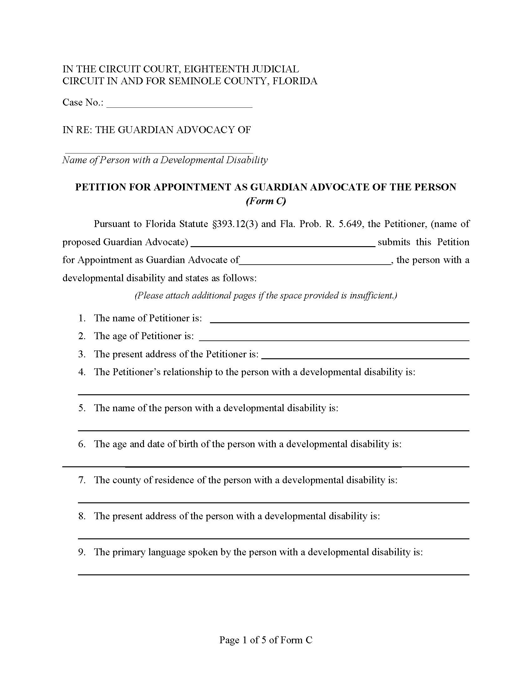 Petition For Appointment As Guardian Advocate Of The Person {Form C} | Pdf Fpdf Docx | Florida
