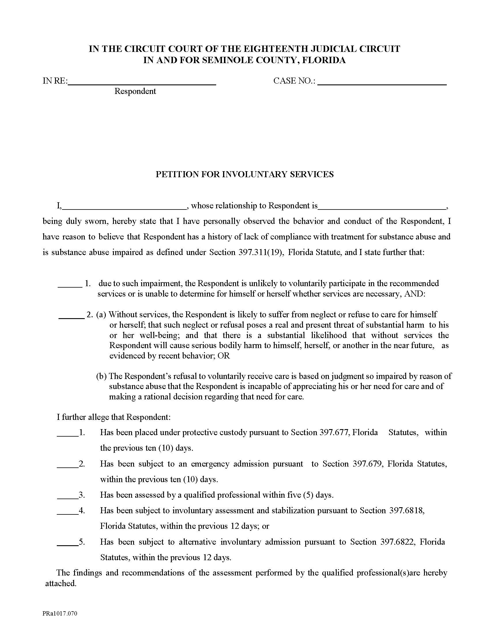 Petition For Involuntary Services | Pdf Fpdf Docx | Florida