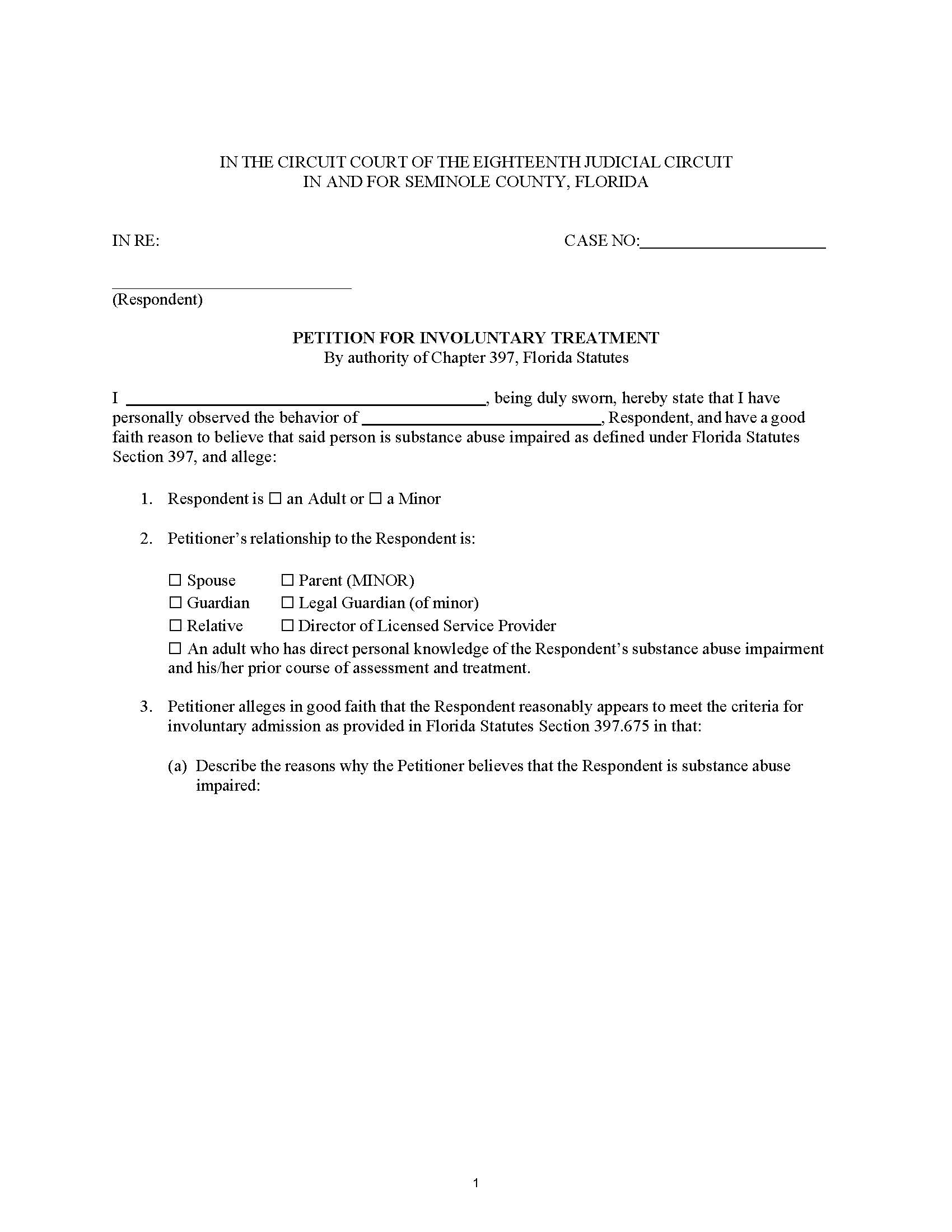 Petition For Involuntary Treatment | Pdf Fpdf Docx | Florida