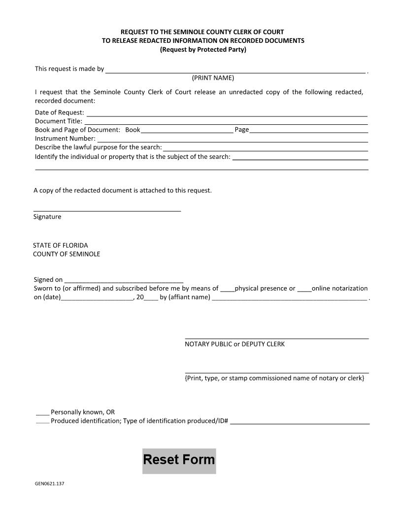 Request (By Protected Party) To Release Redacted Information On Recorded Documents | Pdf Fpdf Docx | Florida