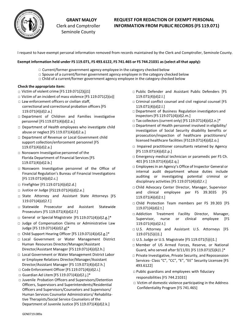 Request For Redaction Of Exempt Personal Information From Public Records | Pdf Fpdf Docx | Florida