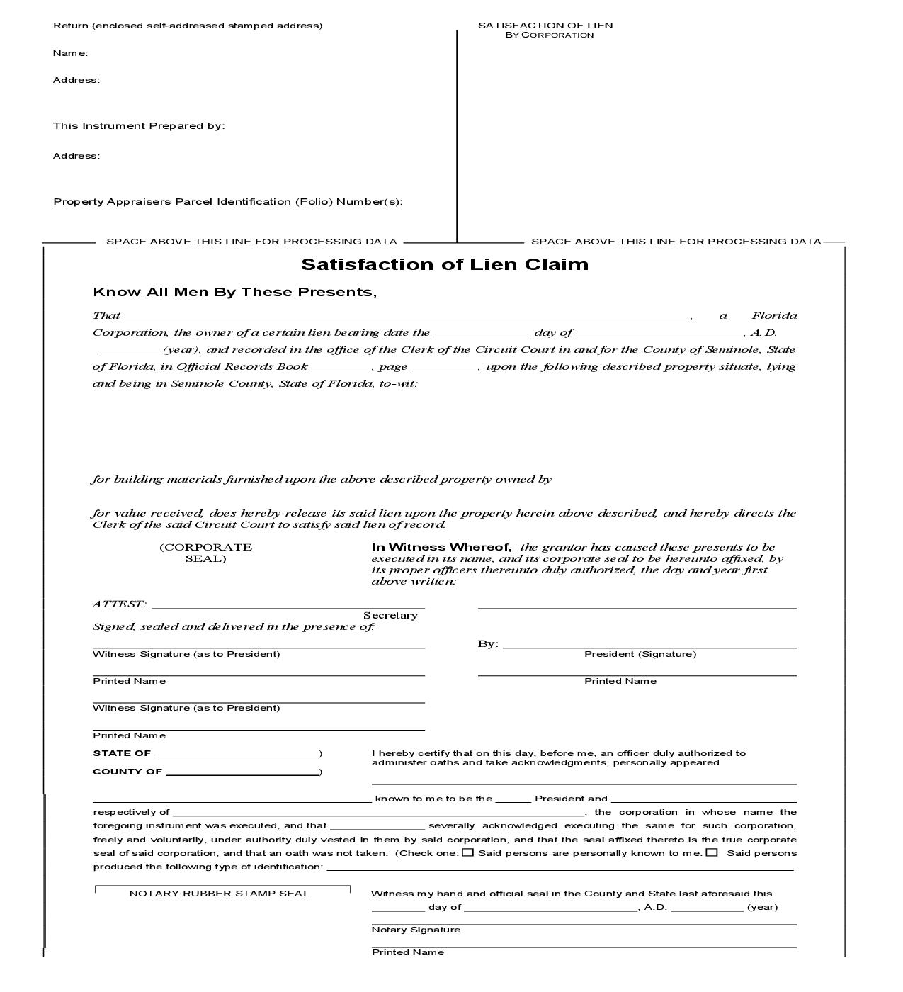 Satisfaction Of Lien Claim | Pdf Fpdf Doc Docx | Florida