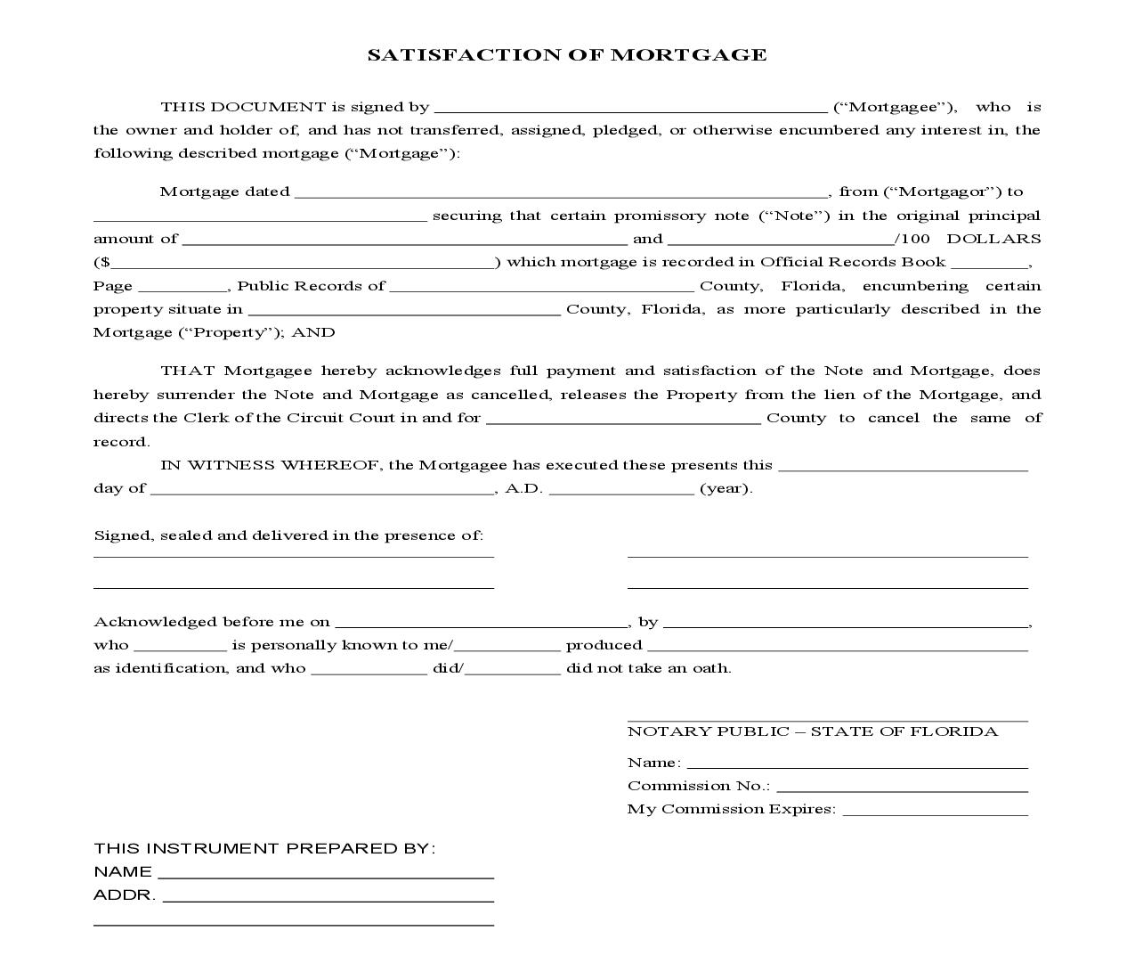 Satisfaction Of Mortgage | Pdf Fpdf Doc Docx | Florida