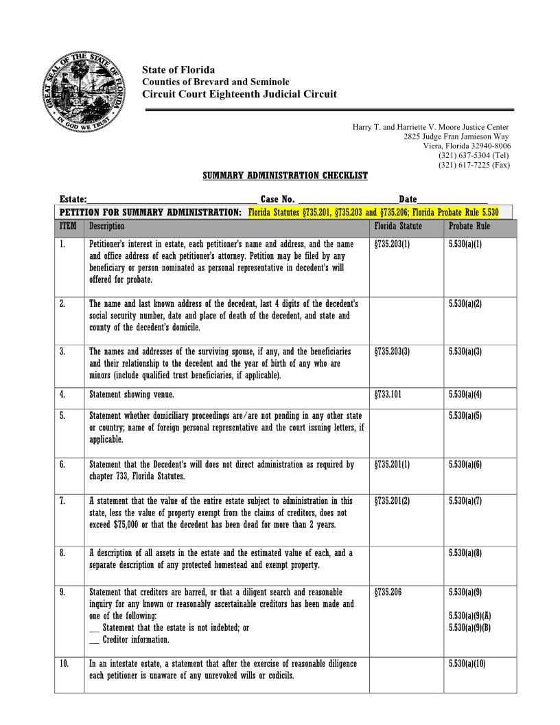 Summary Administration Checklist {SEM-SAC} | Pdf Fpdf Docx | Florida