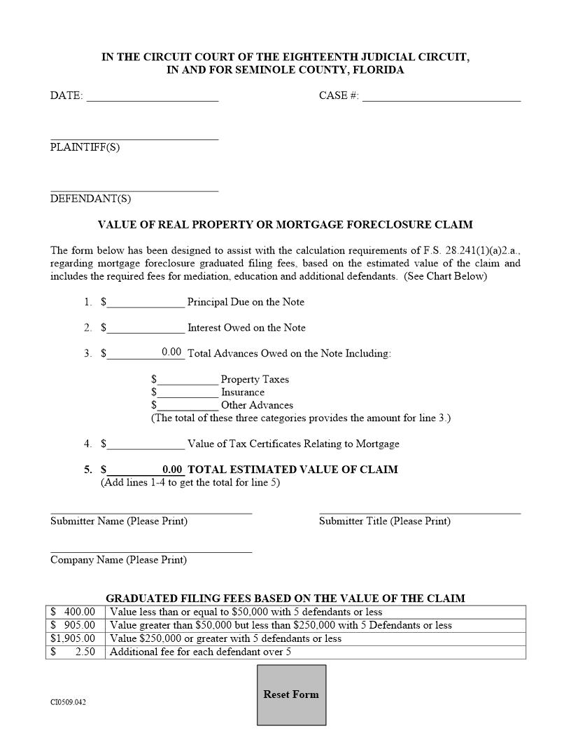 Value Of Real Property Or Mortgage Foreclosure Claim | Pdf Fpdf Docx | Florida