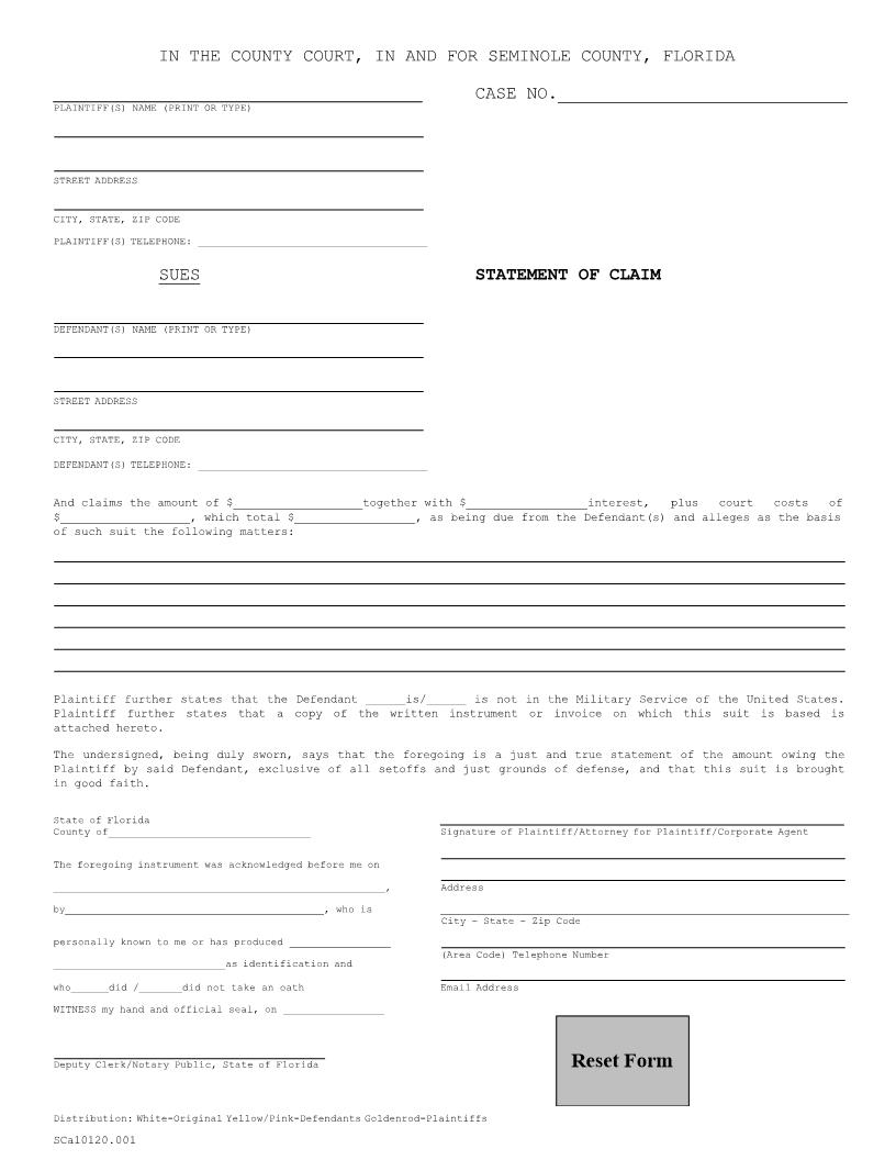 Statement Of Claim (General Form) | Pdf Fpdf Docx | Florida