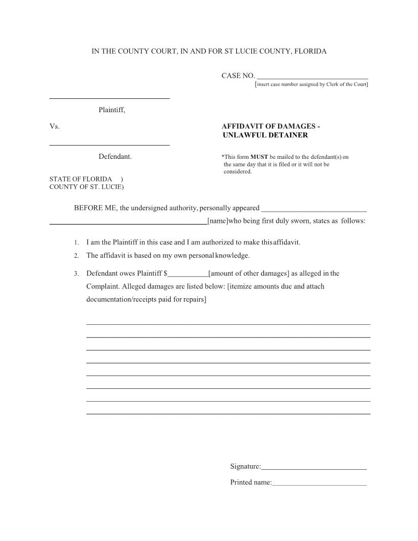 Affidavit Of Damages - Unlawful Detainer | Pdf Fpdf Docx | Florida