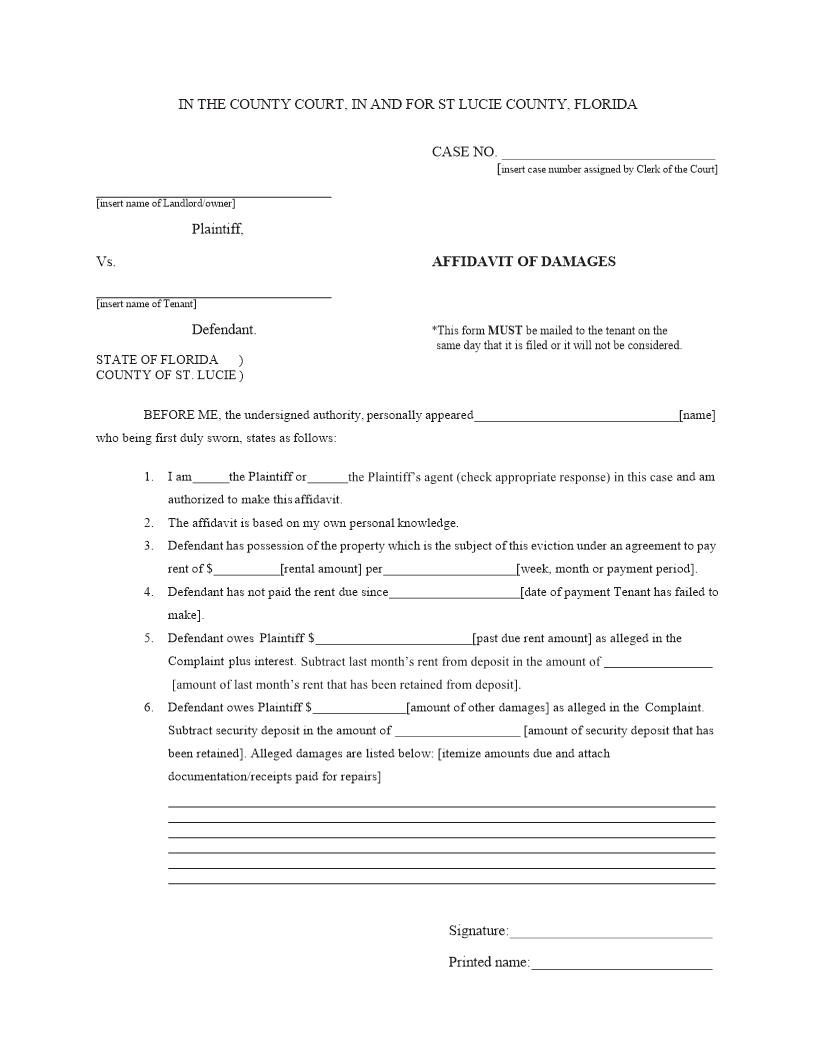 Affidavit Of Damages | Pdf Fpdf Docx | Florida