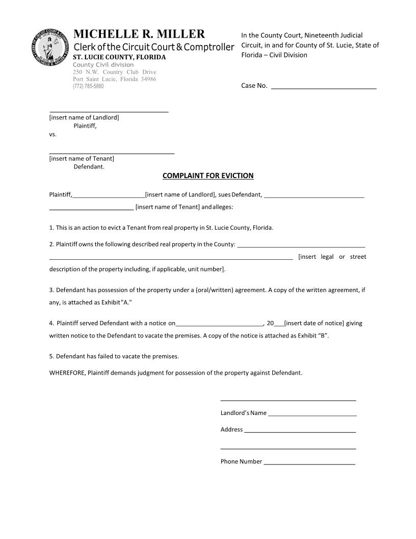 Complaint For Eviction (30-Day Notice) | Pdf Fpdf Docx | Florida