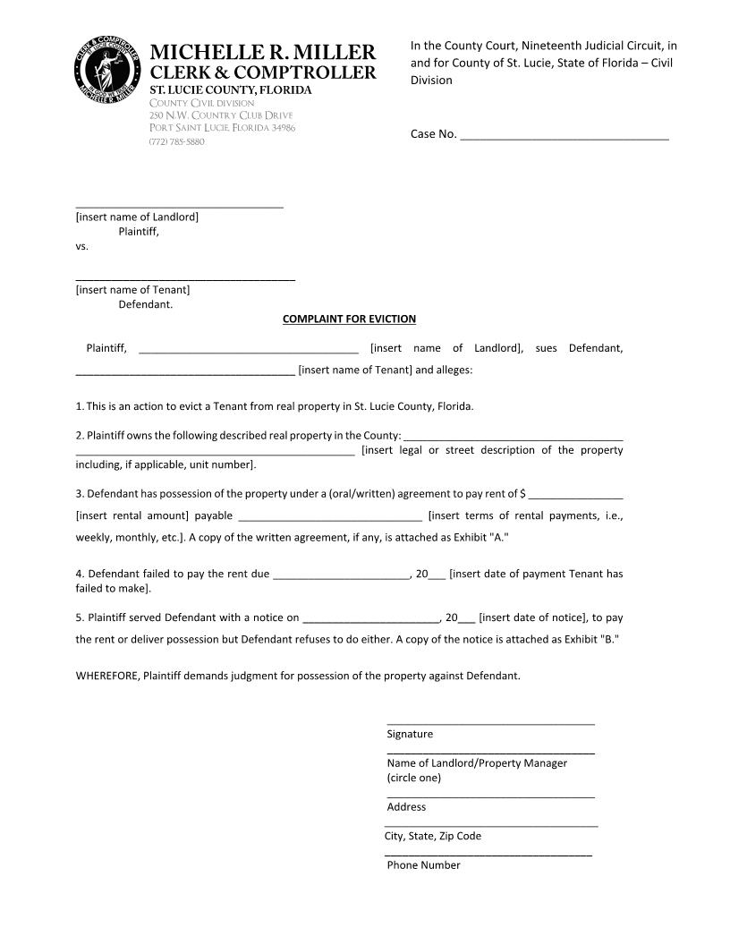 Complaint For Eviction (Failure To Pay Rent) | Pdf Fpdf Docx | Florida