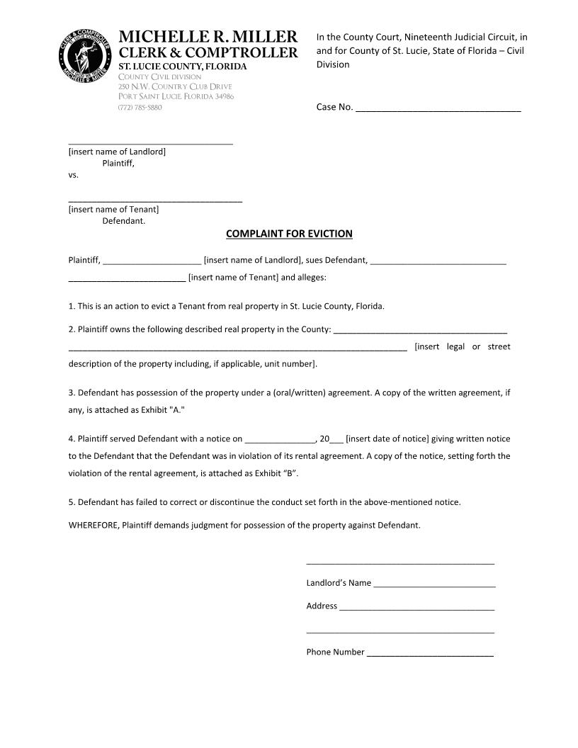 Complaint For Eviction (Noncompliance) | Pdf Fpdf Docx | Florida