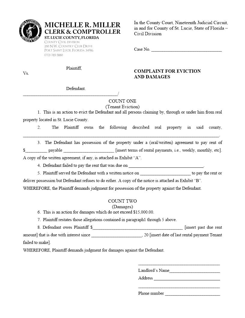Complaint For Eviction And Damages | Pdf Fpdf Docx | Florida