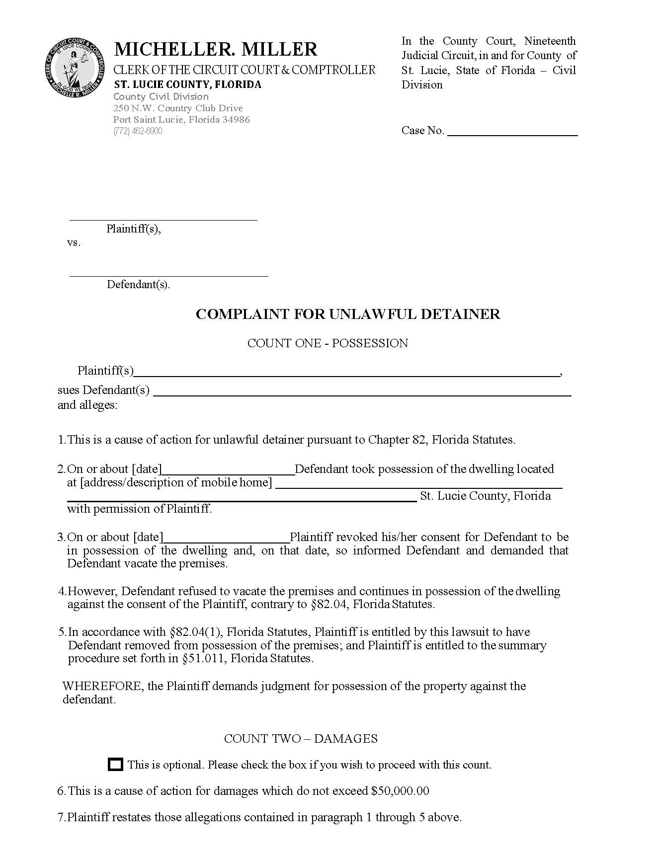 Complaint For Unlawful Detainer | Pdf Fpdf Docx | Florida