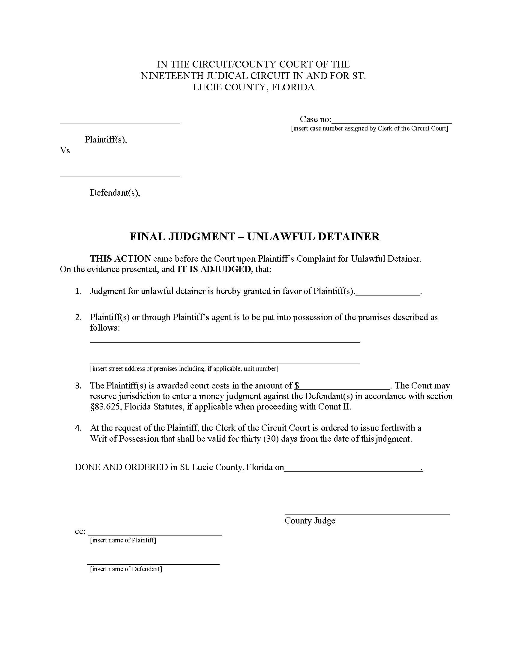 Final Judgment - Unlawful Detainer | Pdf Fpdf Doc Docx | Florida