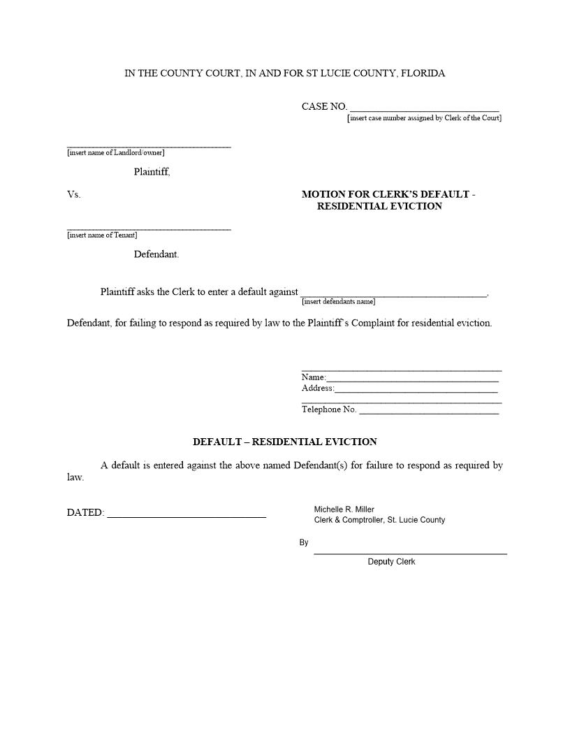 Motion For Clerks Default And Default - Residential Eviction | Pdf Fpdf Docx | Florida