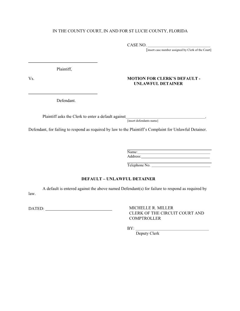 Motion For Clerks Default And Default - Unlawful Detainer | Pdf Fpdf Docx | Florida