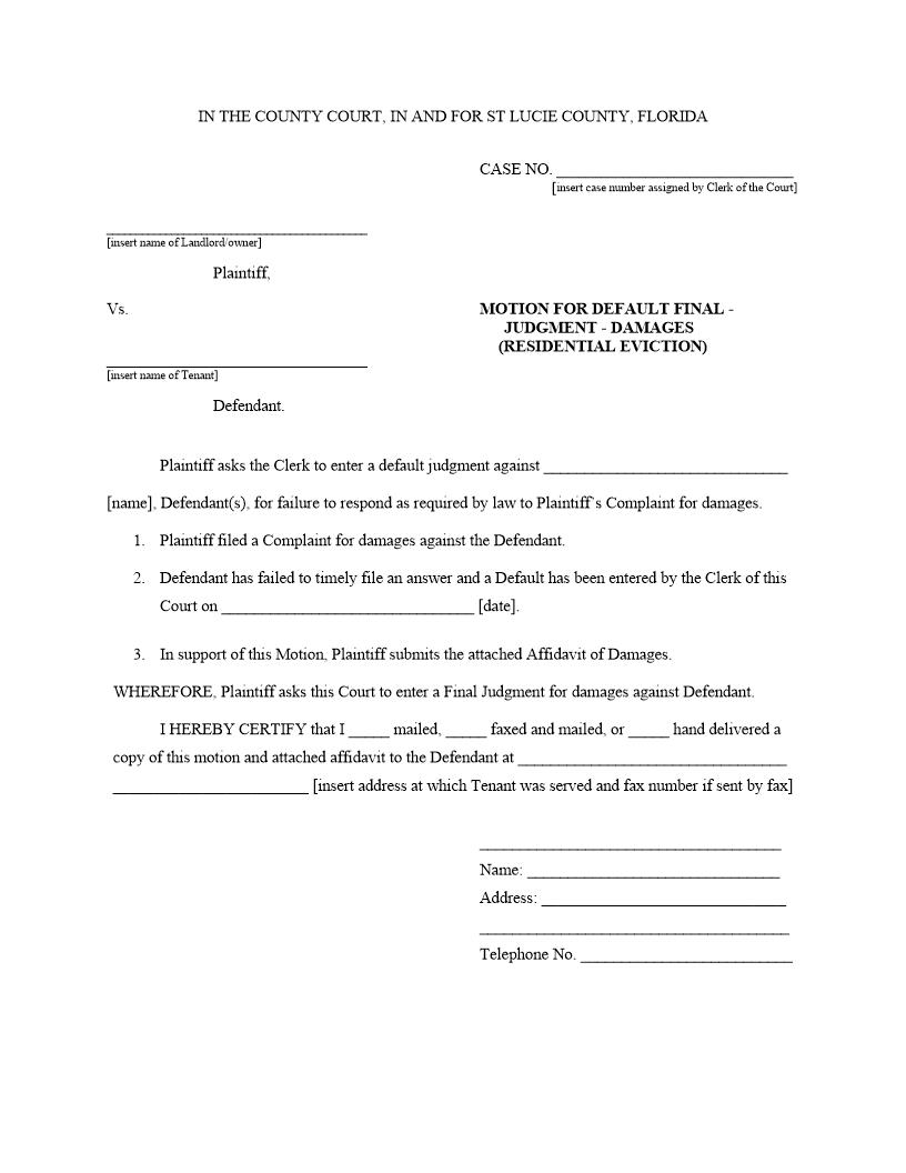 Motion For Default Final Judgment - Damages (Residential Eviction) | Pdf Fpdf Docx | Florida