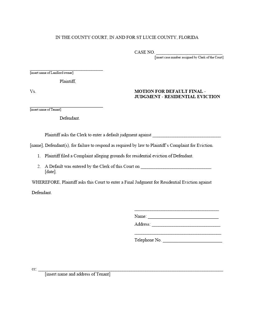 Motion For Default Final Judgment - Residential Eviction | Pdf Fpdf Docx | Florida