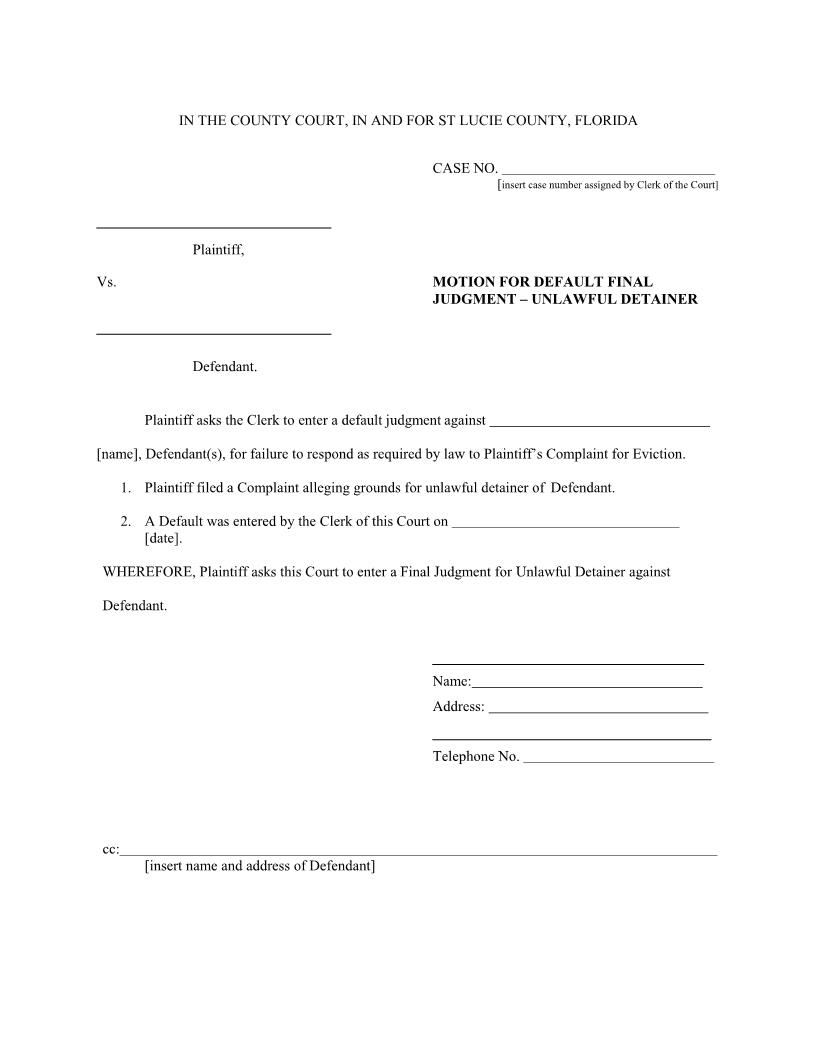 Motion For Default Final Judgment - Unlawful Detainer | Pdf Fpdf Docx | Florida