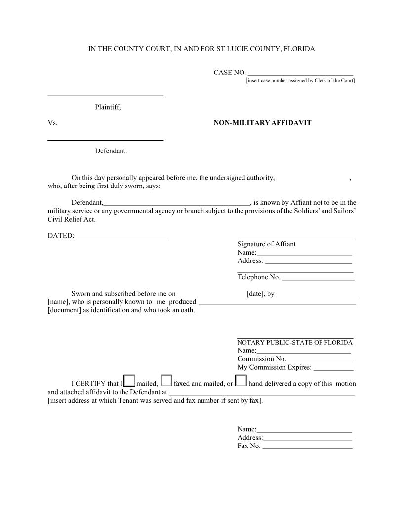 Non-Military Affidavit | Pdf Fpdf Doc Docx | Florida