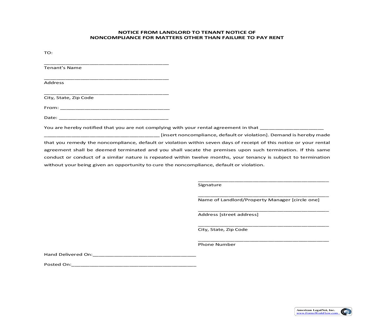 Notice  From Landlord To Tenant Notice Of Noncompliance For Matters Other Than Failure To Pay Rent | Pdf Fpdf Doc Docx | Florida