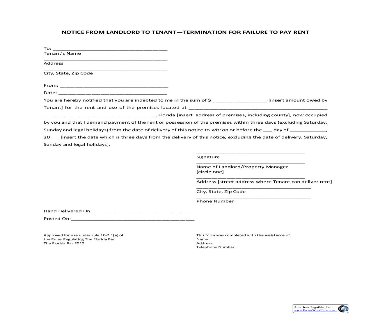 Notice  From Landlord To Tenant-Termination For Failure To Pay Rent | Pdf Fpdf Doc Docx | Florida