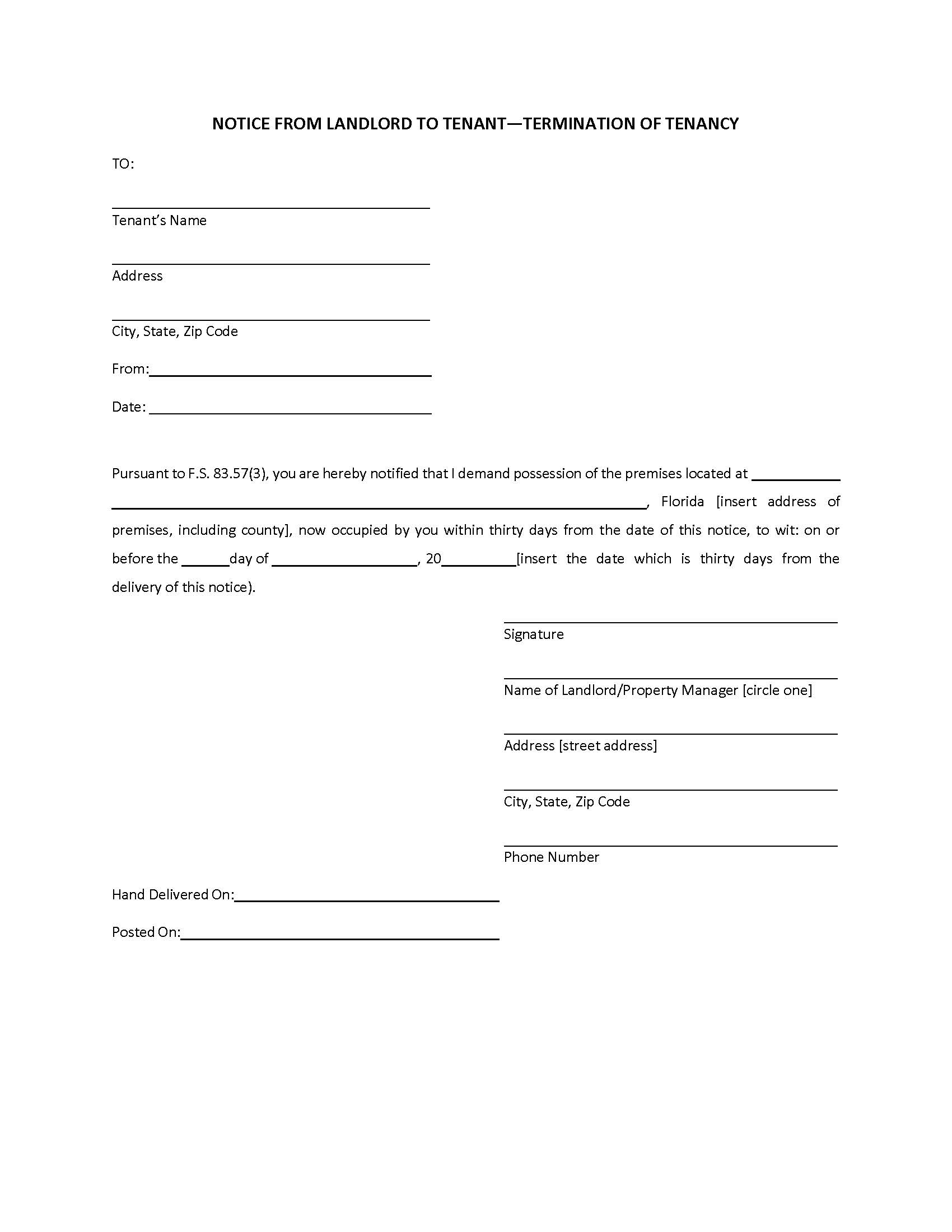 Notice  From Landlord To Tenant-Termination Of Tenancy (30 Days) | Pdf Fpdf Doc Docx | Florida