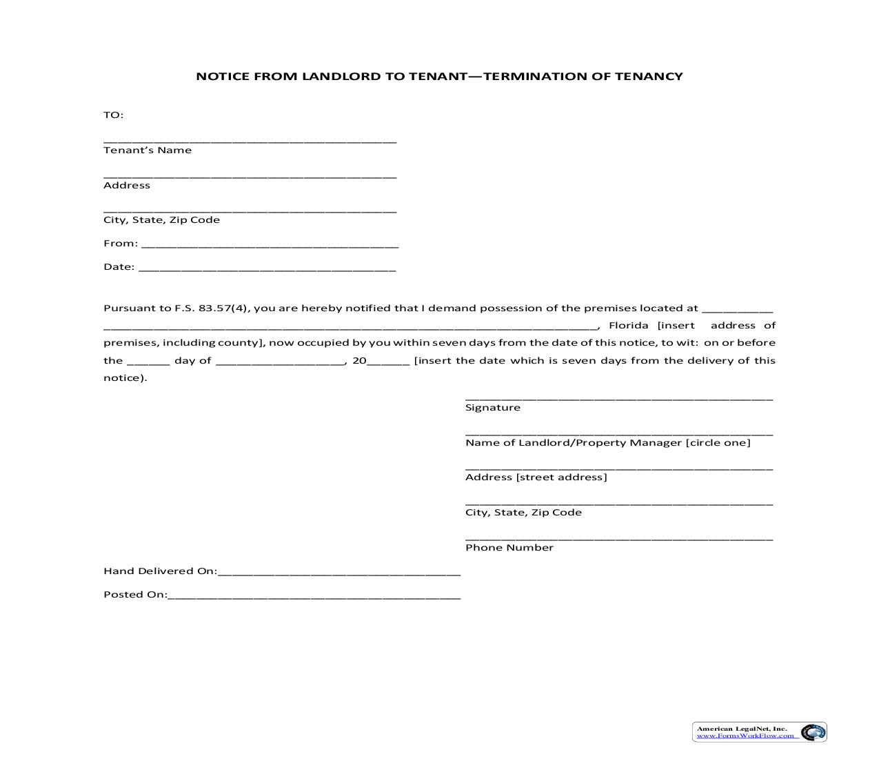 Notice  From Landlord To Tenant-Termination Of Tenancy (7 Days) | Pdf Fpdf Doc Docx | Florida