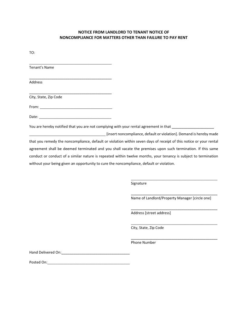 Notice Of Noncompliance Matters Other Than Failure To Pay Rent | Pdf Fpdf Docx | Florida